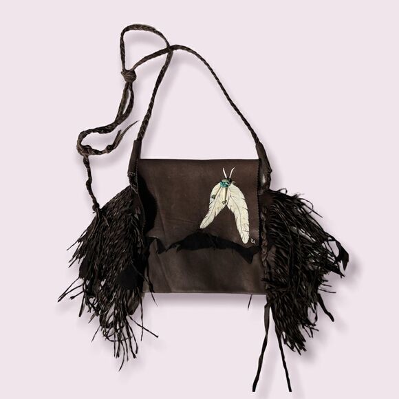 Handpainted Leather Pouch Fringe Boho Crossbody Bag - Picture 1 of 5